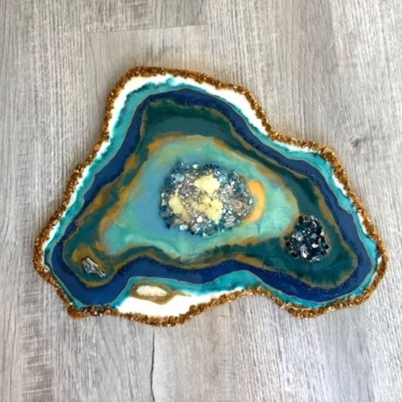 Freeform Geode Wall Art, Resin, Crystals, Glass, Teal, Blue, Gold